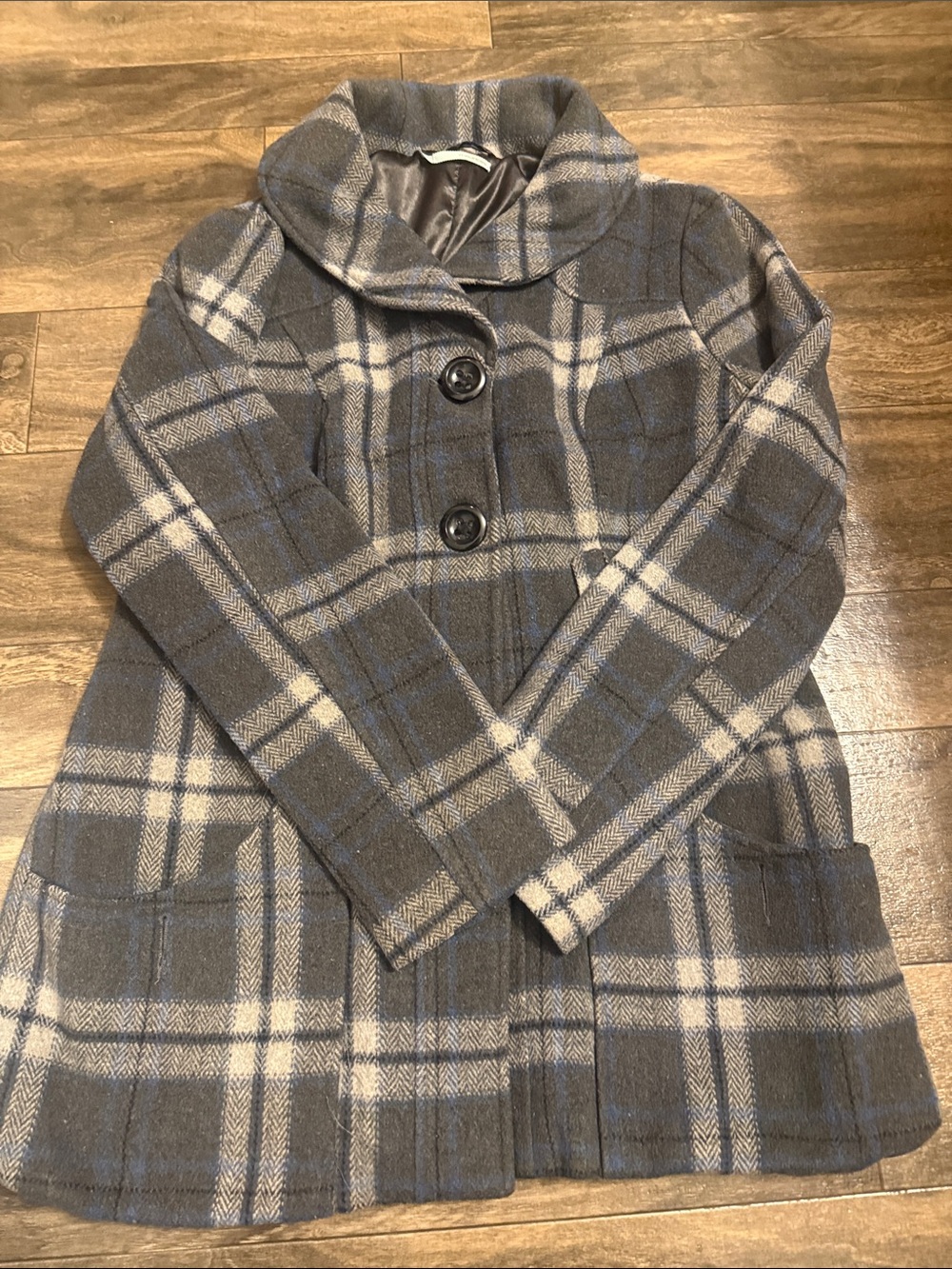 Maurices Gray Plaid Pea Coat with Cream Windowpane